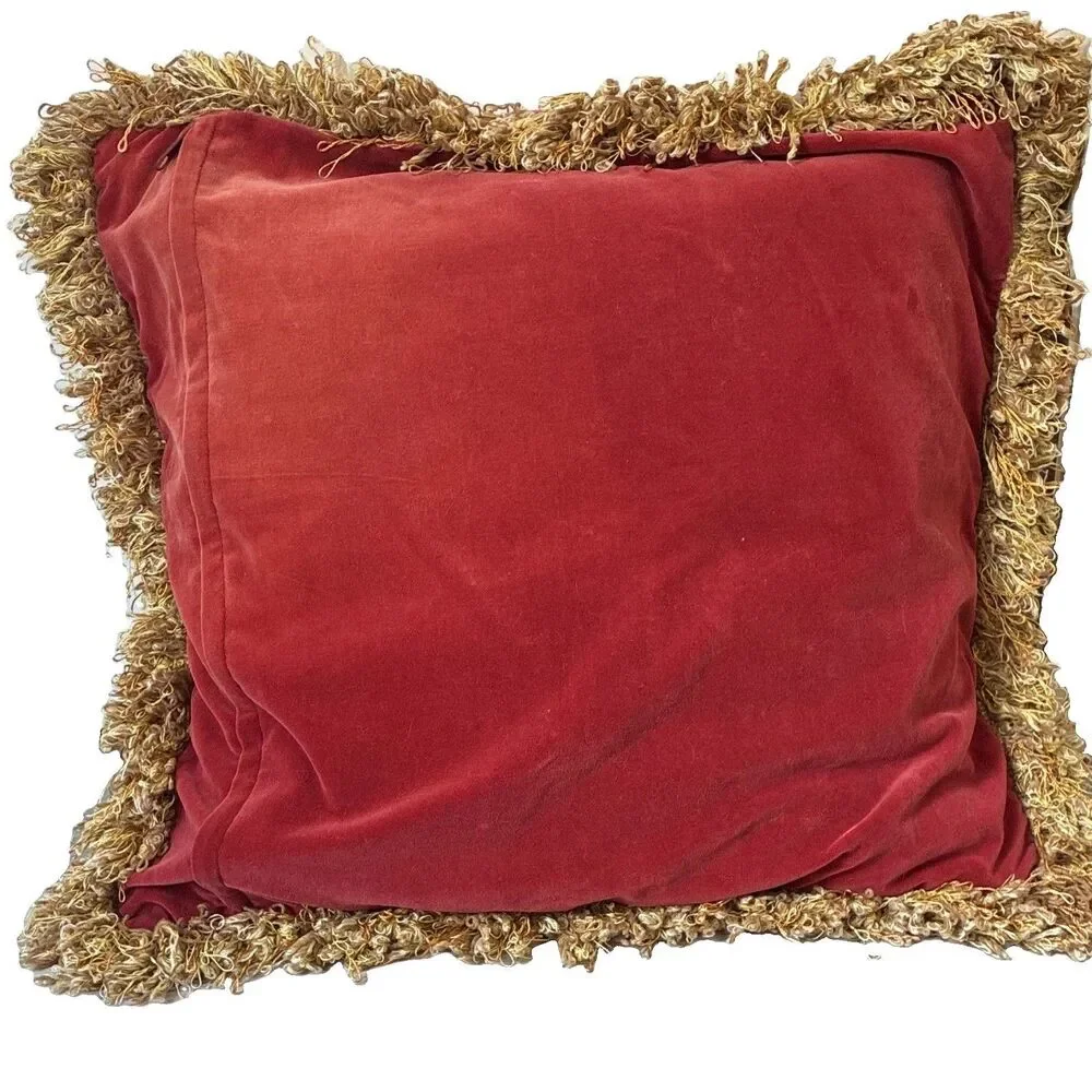 Vintage Velvet Floral Square Decorative Pillow Case Red/Gold Fringe Zipper